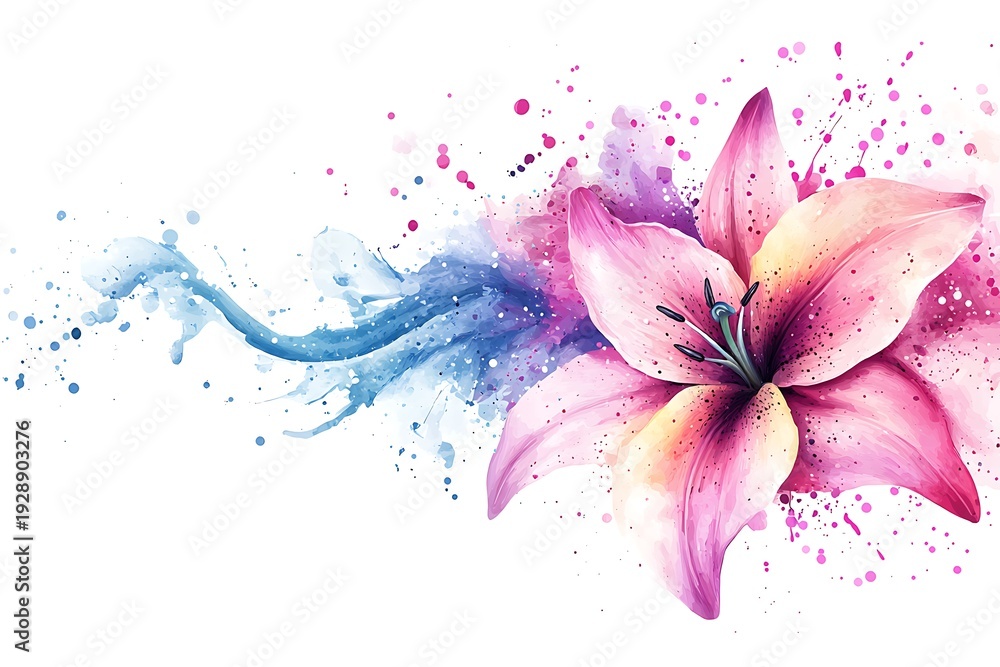 Fototapeta premium Vibrant Pink Lily Flower with Watercolor Splash and Artistic Design Elements