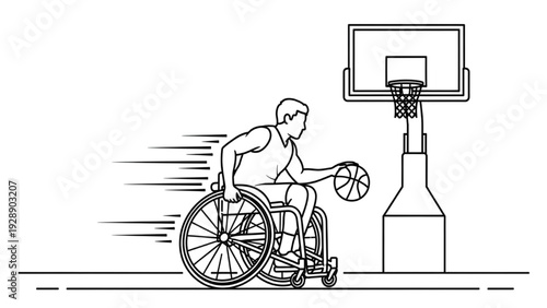 Dynamic illustration of a wheelchair basketball player in action, dribbling the ball with speed towards the hoop