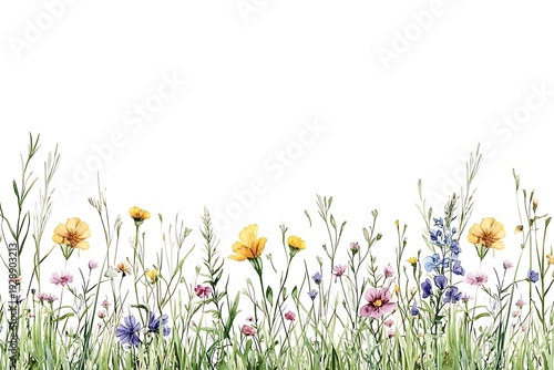 Colorful Wildflower Illustration with Fresh Green Grass on a White Background