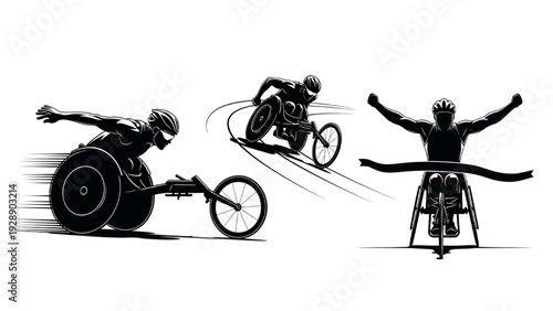 Vector silhouettes of adaptive athletes in racing wheelchairs, embodying speed, fierce competition, and victory