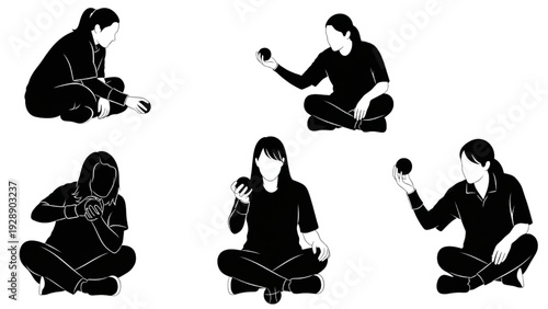Set of women sitting and playing with balls in silhouette style