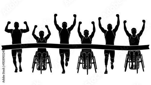 Paralympic athletes in wheelchairs and on foot celebrate winning a race