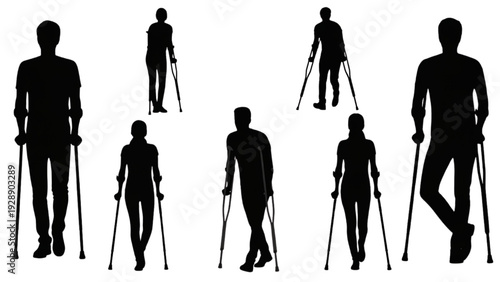 Silhouettes of people with crutches, illustrating mobility challenges and assistance