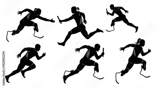 Silhouettes of athletes with prosthetic legs running a relay race