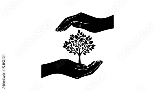 Human Hands Holding Tree Black Silhouette Vector Symbol for Nature Protection and Sustainability Concept