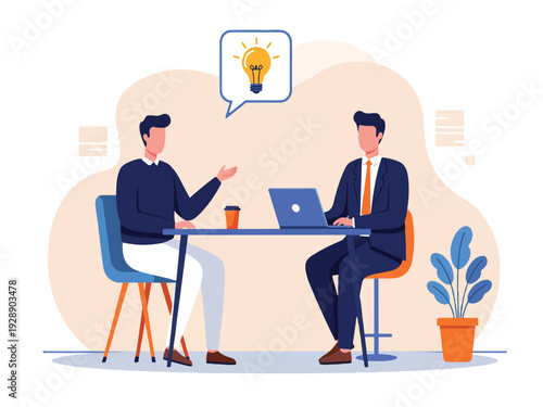 Two businessmen sitting at a table with a laptop and talking with a lightbulb idea