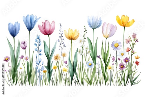 Vibrant Spring Flower Illustration Featuring Tulips, Daisies, and Wildflowers in Full Bloom