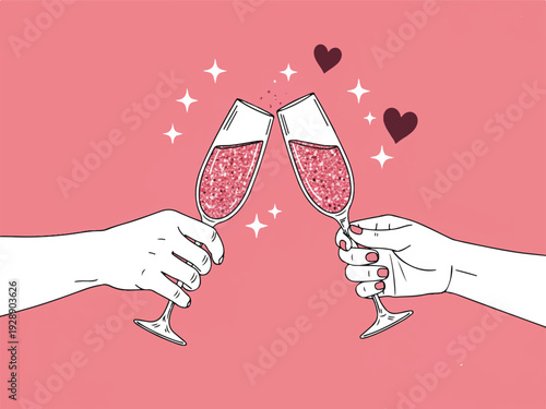 Two hands holding champagne glasses with pink liquid and hearts and stars on pink background