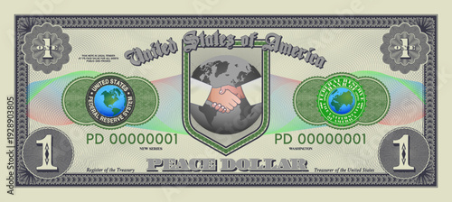 Vector fictitious paper money. Denomination one. Peace dollar, United States of America. Banknote obverse. Shield, planet Earth and friendly handshake. Vintage note