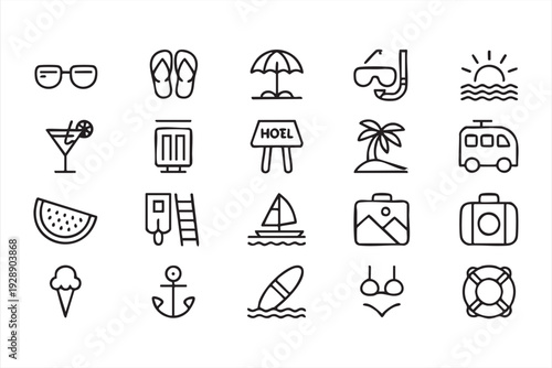 Travel and vacation outline icon set for summer tourism design