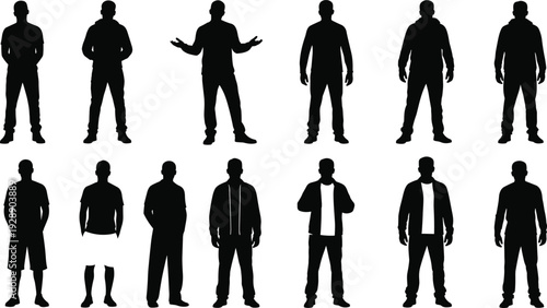Vector illustration of twelve male silhouettes in lineup arrangement with distinct postures, clothing styles, and highlighted figure for character design