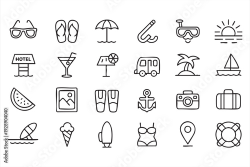 Summer travel and beach lifestyle outline symbols for UI design