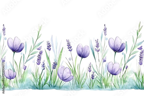 Vibrant Watercolor Floral Border with Purple Flowers and Green Leaves on White Background
