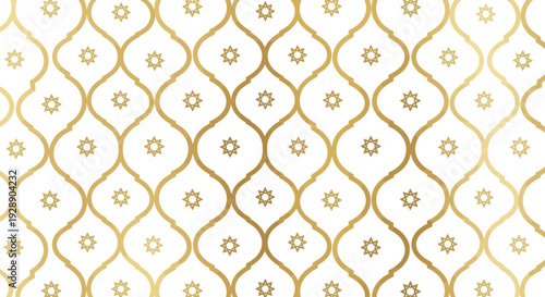 Elegant gold geometric pattern on white background, featuring interlocking curves and small star motifs. The design is sophisticated and symmetrical.