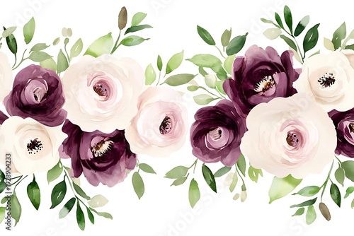 Beautiful Floral Arrangement with Purple and White Blooms, Green Leaves Background
