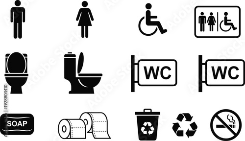 Restroom and toilet signage icons set, men women wheelchair symbols, WC signs, hygiene supplies, recycling and no smoking vector illustration