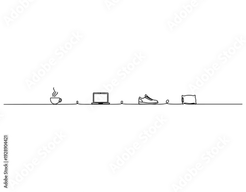 Minimalist continuous line art of daily routine icons featuring coffee cup, laptop, sneaker shoe, and pillow for work-life balance.