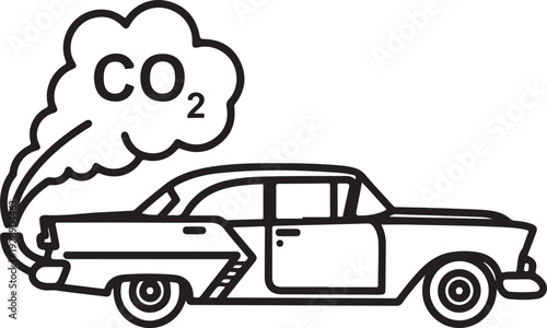 Vintage car emitting carbon dioxide smoke cloud representing pollution and environmental impact on transparent background concept