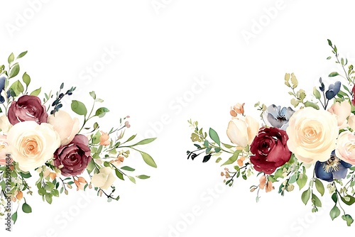 Elegant Floral Arrangement with Soft Roses and Delicate Greenery on White Background