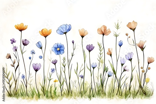Colorful Floral Watercolor Illustration with Delicate Wildflowers and Greenery on White Background