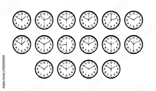 Modern Realistic Round Clock Collection Showing Hours One to Twelve Isolated Vector Set