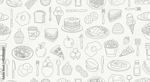 Seamless pattern of food sketches on a light background, featuring pancakes, eggs, ice cream, toast, and utensils. The tone is playful and casual.
