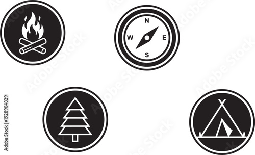Minimalist outdoor adventure hiking and camping symbols