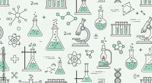 Seamless science pattern with lab equipment like microscopes, flasks, test tubes, and molecular structures. Soft green and gray tones, scientific theme.