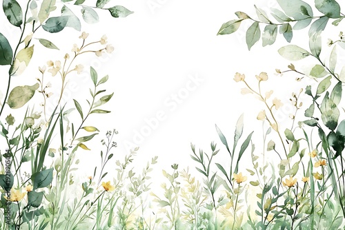 Watercolor Floral Background with Greenery and Delicate Yellow Flowers for Spring Design