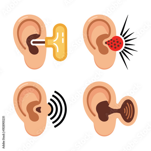 Ear wax impaction and foreign body symptoms vector icons, ear pain, blockage, reduced hearing, audiology clinic poster, care education design