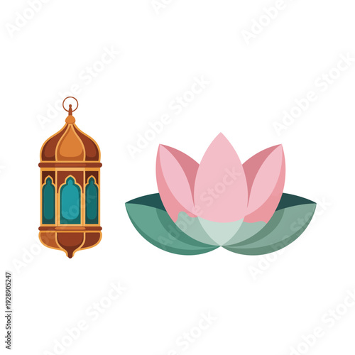 Hanging lantern with lotus blossom icons, calm worship vector set for temple festival, meditation room decor, prayer celebration design