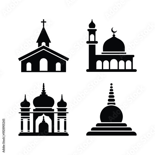 Religious building silhouettes set with church, mosque, temple, stupa icons, worship vector pack for interfaith poster, cultural education design
