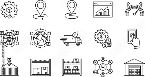 Global Logistics and Business Operations Icons Set with Warehouse Delivery Tracking and Performance