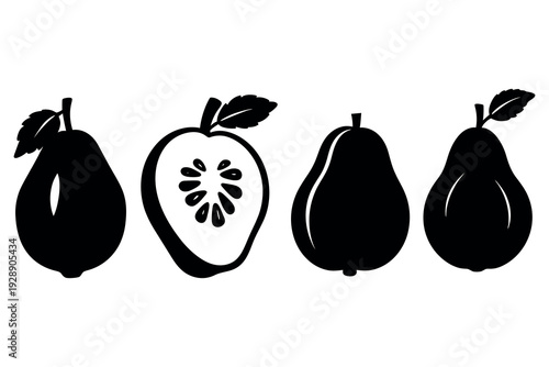 Guava fruit icon set, black silhouette guava vector illustration, whole and sliced guava with leaf.
