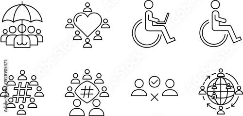 Community and Social Support Icons Set with Inclusion Accessibility Network and Team Collaboration