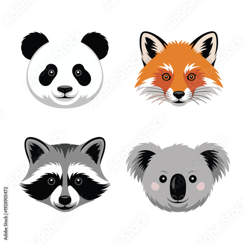 Wildlife festival cute heads set, panda fox raccoon koala, classroom craft session elements, nature camp branding, zoology learning vector