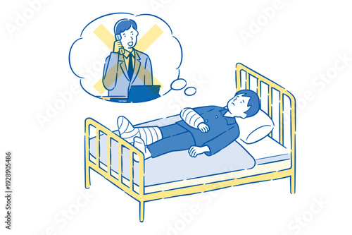 入院生活で働けない不安を感じる男性イラスト 2C