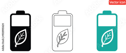Eco friendly battery icons with leaf symbol in black, white, and green