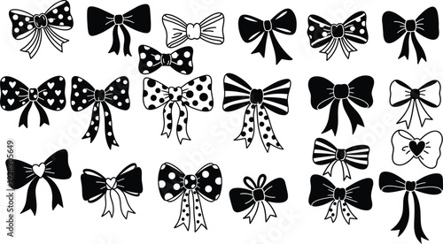 Black and white ribbon bow vector set, decorative hand drawn bow tie clipart collection isolated on white background