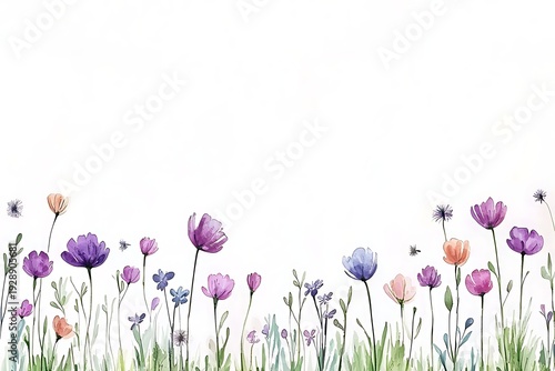 Colorful Hand-painted Flowers in Various Shades with Soft Green Grass on White Background