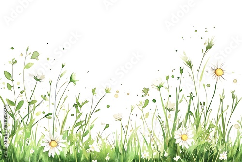 Delicate Wildflowers and Green Leaves on a White Background for Serene Nature Aesthetic