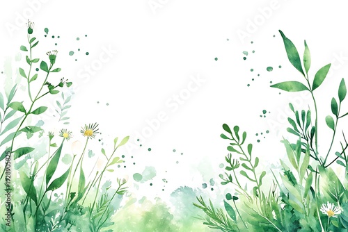 Vibrant Watercolor Greenery with Delicate Wildflowers on a Light Background