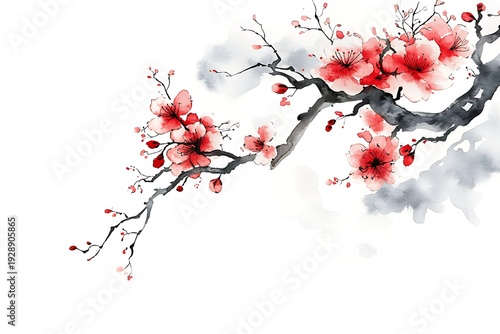Delicate Cherry Blossom Branch in Watercolor Style on a White Background