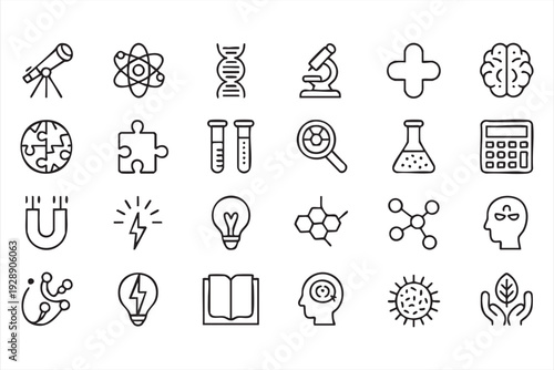 Chemistry and biology line icons for scientific research and innovation concepts