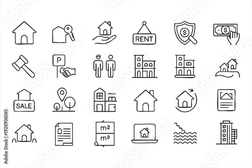 Property management line icons for home buying, renting, and realty apps