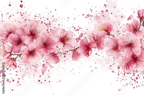 Delicate Pink Cherry Blossom Illustration with Watercolor Splashes and Floral Aesthetic