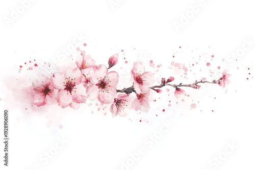 Blossom Branch with Pink Flowers and Soft Watercolor Background for Art and Design Use