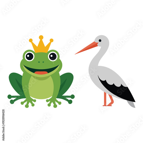 Crowned frog with stork icon set for spring wetland festival posters, nature education day, birdwatching session graphics, cheerful vector illustration