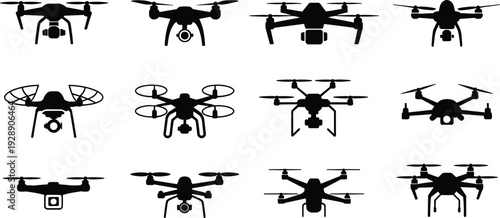 Drone Silhouettes Collection Isolated on White Background, Quadcopter and UAV Technology Set for Aerial Photography and Surveillance Concept