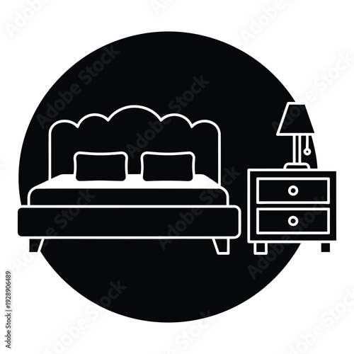 Bed and nightstand with lamp in a simple line art style icon
